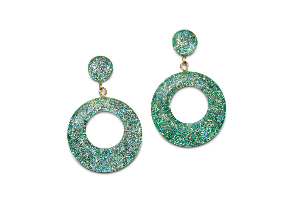 Splendette vintage inspired 1950s pin up style pastel Green Lagoon Glitter Drop Hoop Earrings