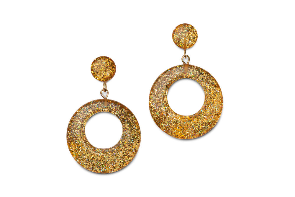 Splendette vintage inspired 1950s pin up style Pale Gold Glitter Drop Hoop Earrings