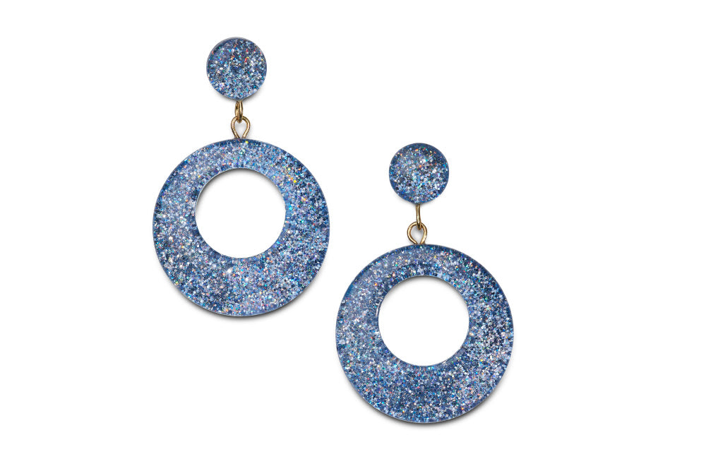 Splendette vintage inspired 1950s pin up style pastel Powder Blue Glitter Drop Hoop Earrings