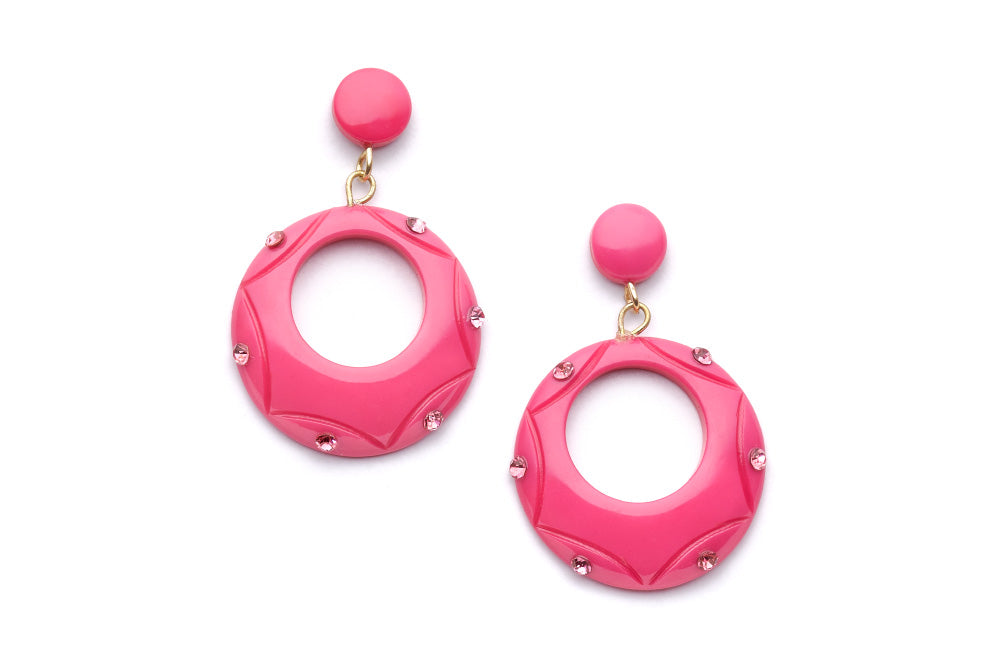 Splendette vintage inspired pink fakelite charity range Cancer Awareness Drop Hoop Earrings