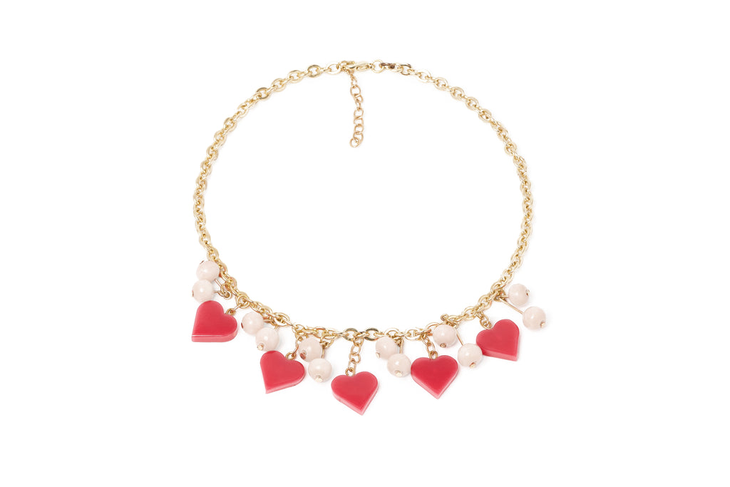 Splendette vintage inspired 1950s style cure carved pink and white fakelite Sugar Heart Necklace