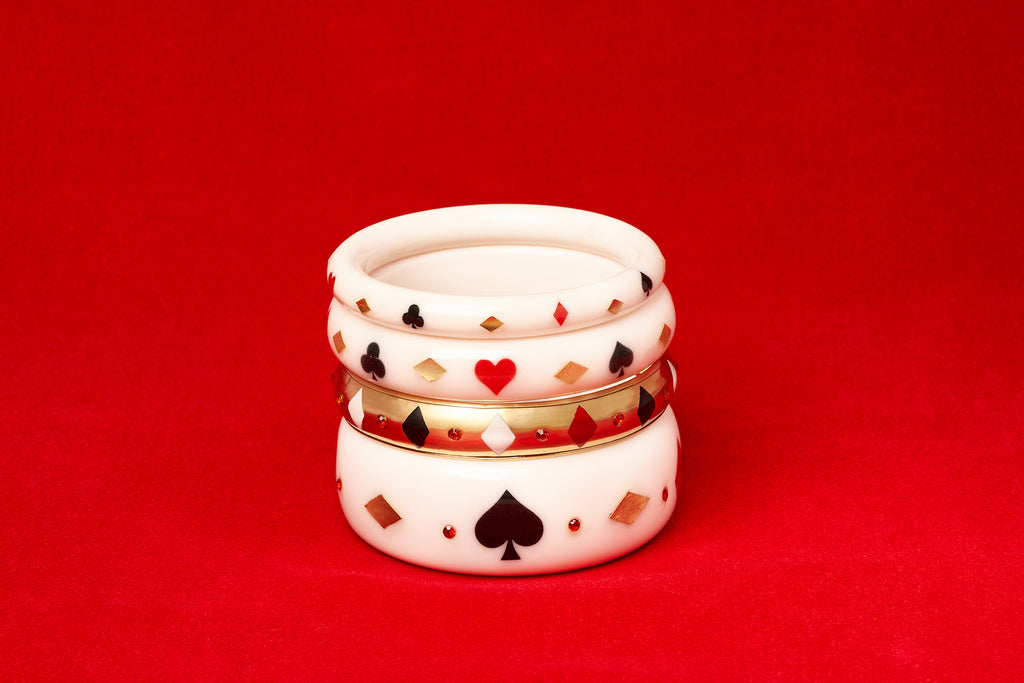 Splendette vintage inspired 1950s Las Vegas casino playing cards style white Aces High bangles in a stack