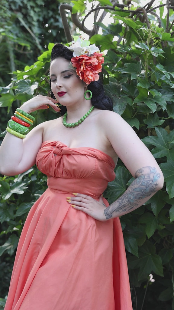 Splendette vintage inspired 1940s Bakelite style green Palm Heavy Carve Fakelite jewellery worn by pin up model