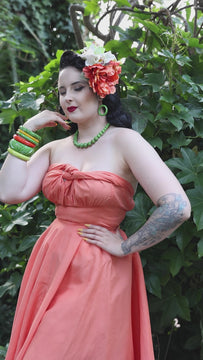 Splendette vintage inspired 1940s Bakelite style green Palm Heavy Carve Fakelite jewellery worn by pin up model